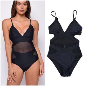 Envya Black Mesh Cut Out Sides One Piece Swimsuit XS